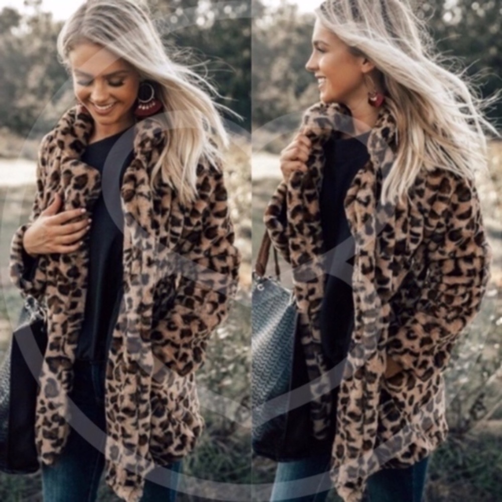Cozy Camel Leopard Print teddy open front Jacket Coat - Picture 3 of 3